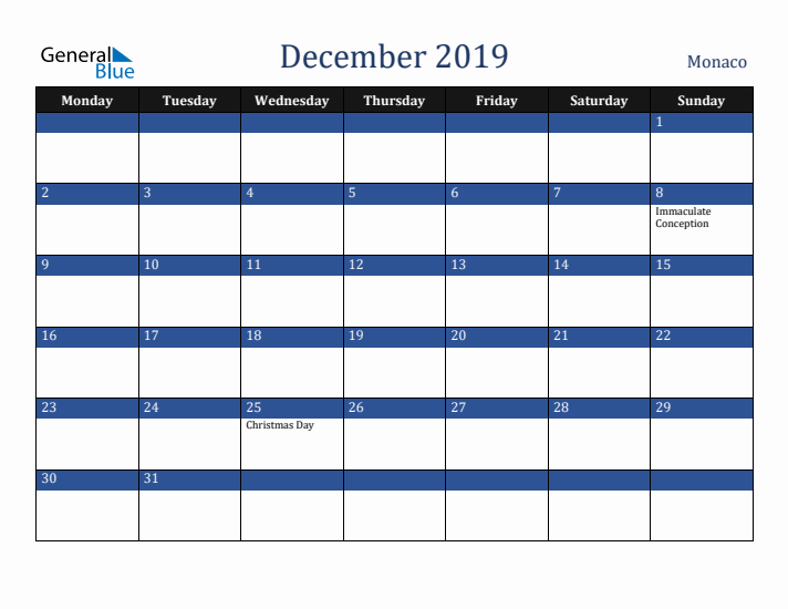 December 2019 Monaco Calendar (Monday Start)