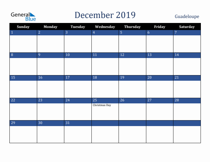 December 2019 Guadeloupe Calendar (Sunday Start)