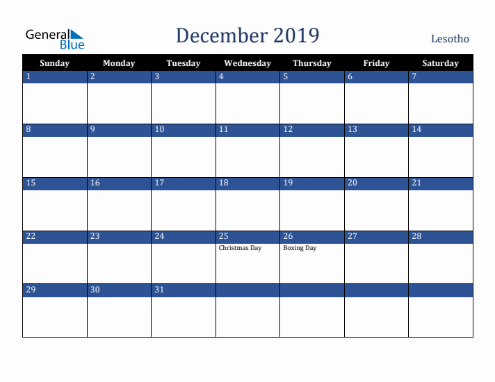 December 2019 Lesotho Calendar (Sunday Start)