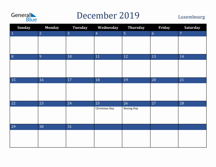 December 2019 Luxembourg Calendar (Sunday Start)