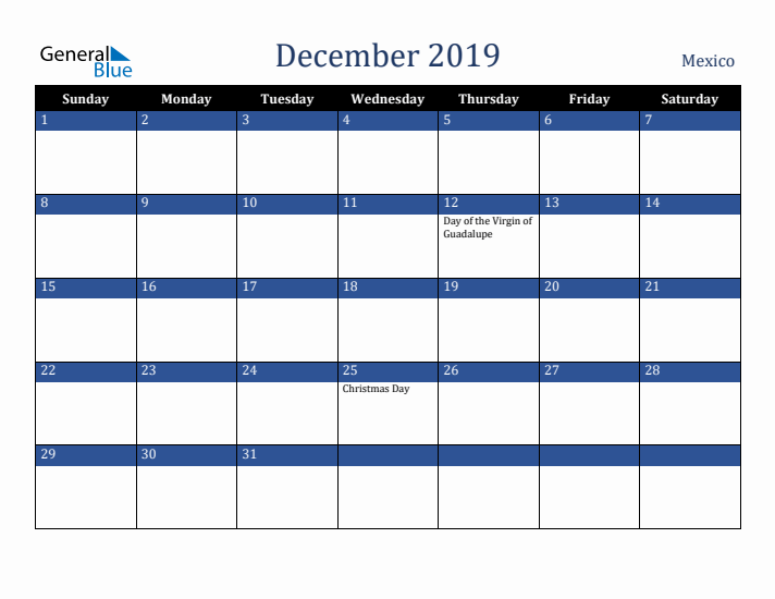 December 2019 Mexico Calendar (Sunday Start)