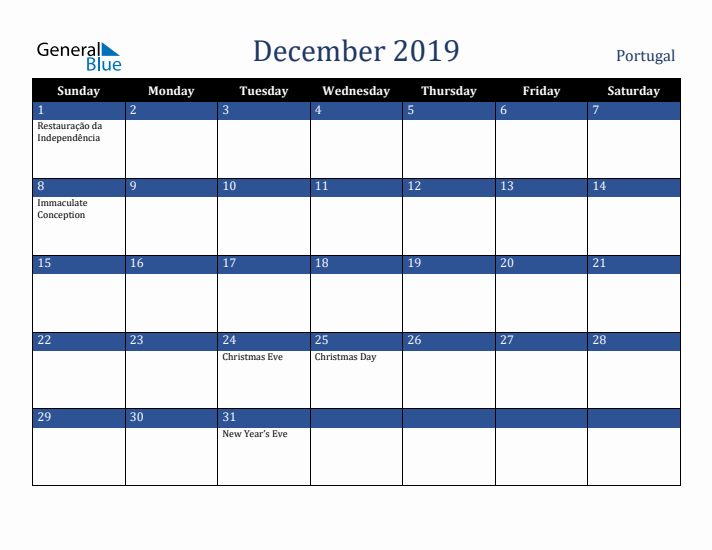 December 2019 Portugal Calendar (Sunday Start)