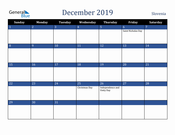 December 2019 Slovenia Calendar (Sunday Start)