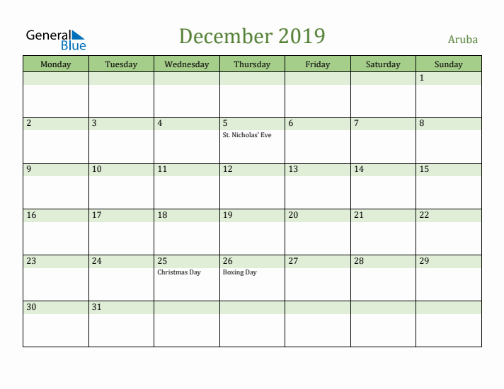 December 2019 Calendar with Aruba Holidays