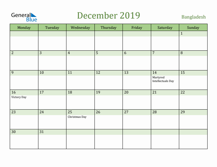 December 2019 Calendar with Bangladesh Holidays