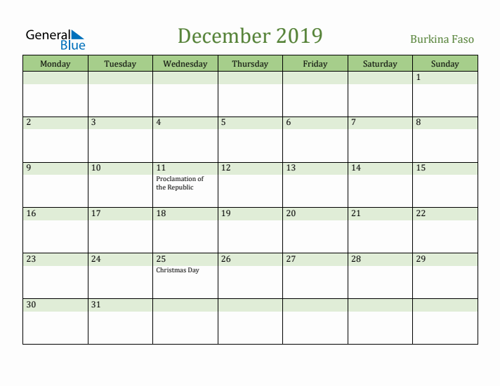 December 2019 Calendar with Burkina Faso Holidays