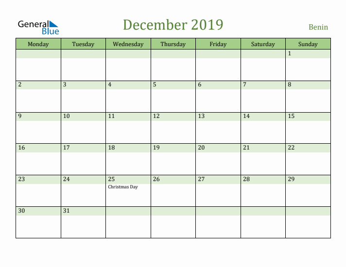 December 2019 Calendar with Benin Holidays