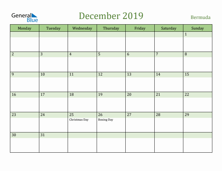 December 2019 Calendar with Bermuda Holidays