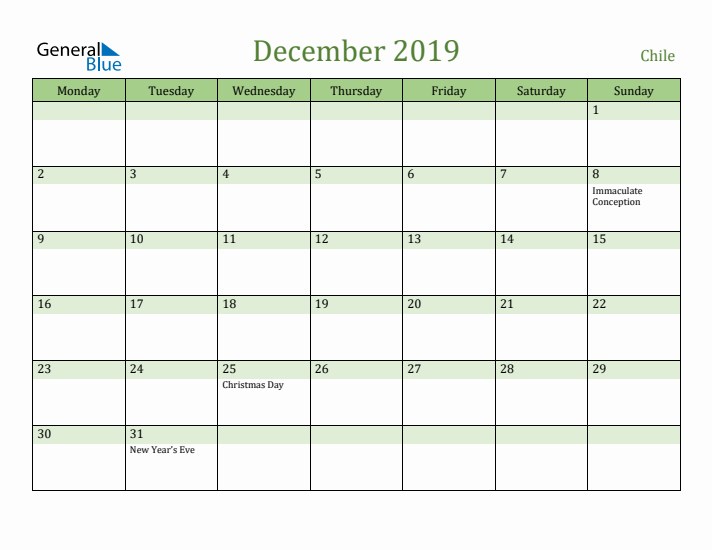 December 2019 Calendar with Chile Holidays