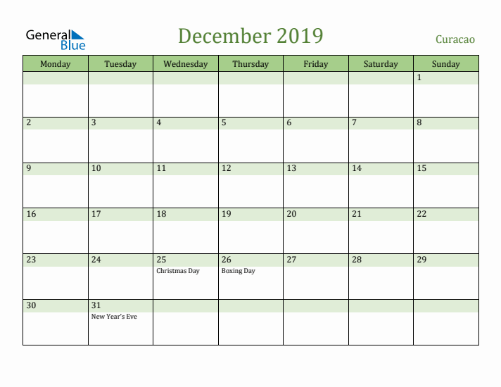 December 2019 Calendar with Curacao Holidays