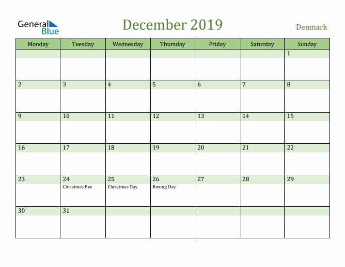 December 2019 Calendar with Denmark Holidays