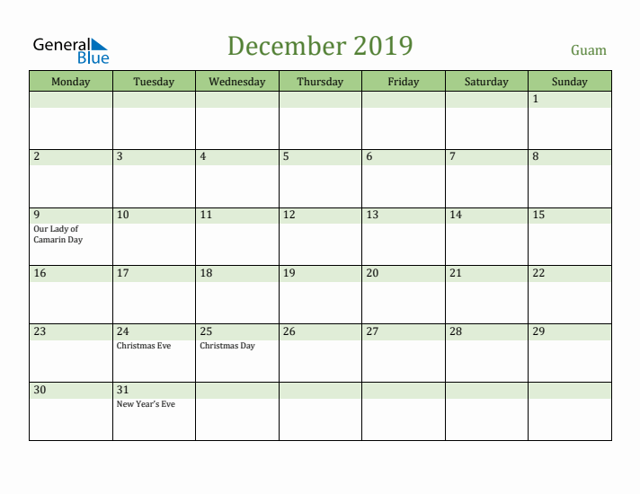 December 2019 Calendar with Guam Holidays