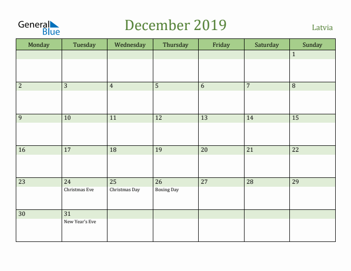 December 2019 Calendar with Latvia Holidays