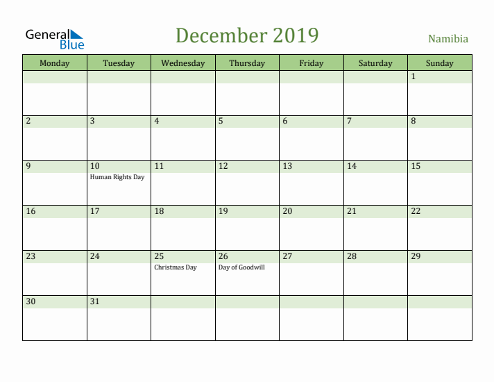 December 2019 Calendar with Namibia Holidays