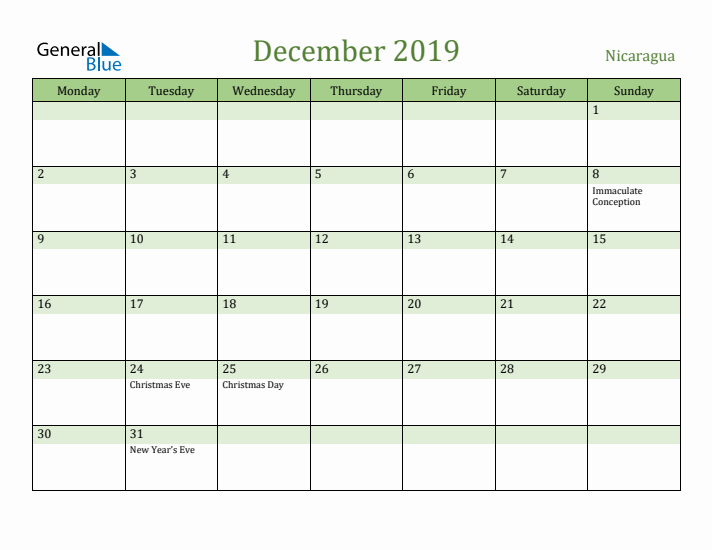 December 2019 Calendar with Nicaragua Holidays