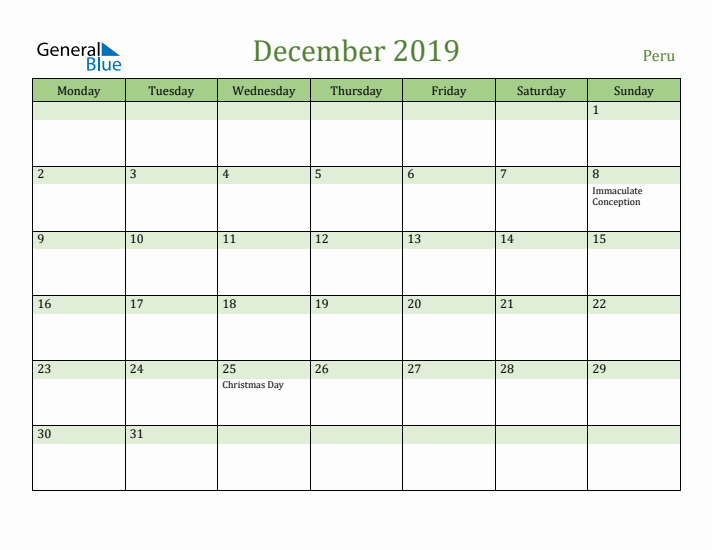 December 2019 Calendar with Peru Holidays