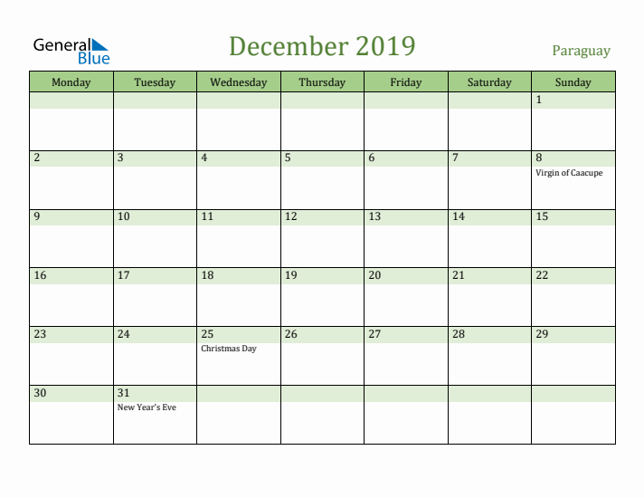 December 2019 Calendar with Paraguay Holidays