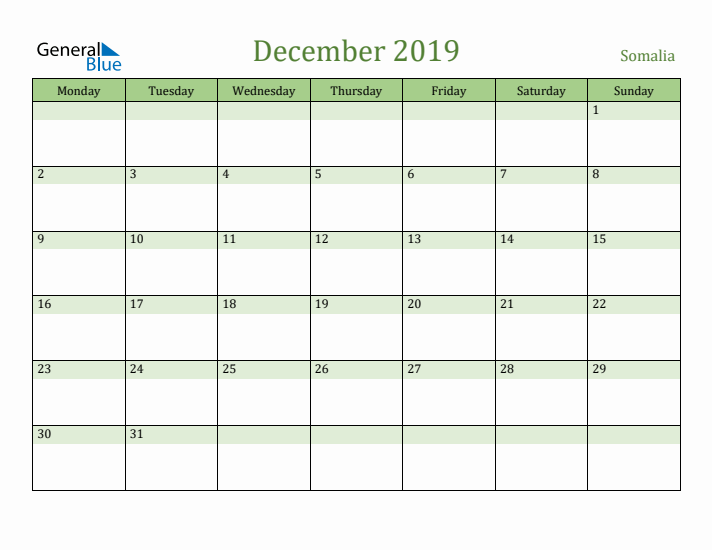 December 2019 Calendar with Somalia Holidays