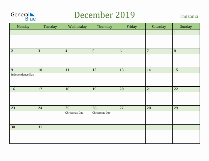 December 2019 Calendar with Tanzania Holidays