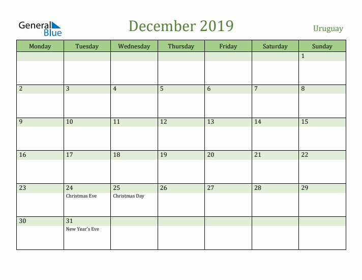 December 2019 Calendar with Uruguay Holidays