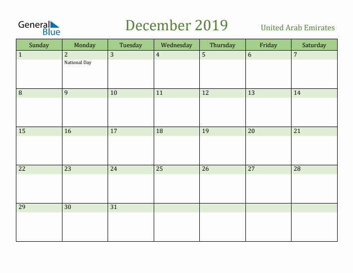 December 2019 Calendar with United Arab Emirates Holidays