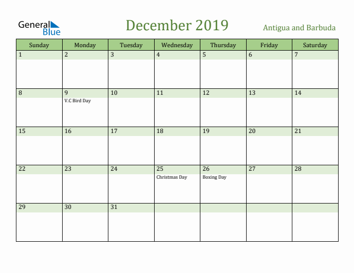 December 2019 Calendar with Antigua and Barbuda Holidays