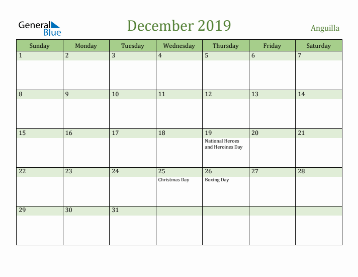 December 2019 Calendar with Anguilla Holidays