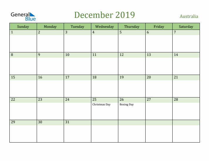 December 2019 Calendar with Australia Holidays