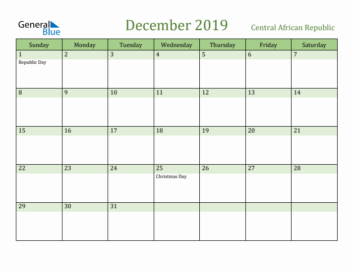 December 2019 Calendar with Central African Republic Holidays