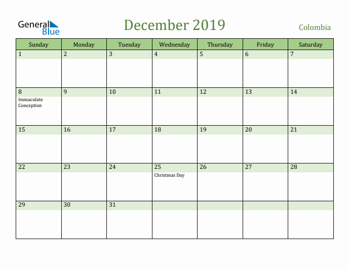 December 2019 Calendar with Colombia Holidays