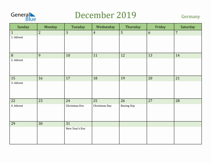 December 2019 Calendar with Germany Holidays