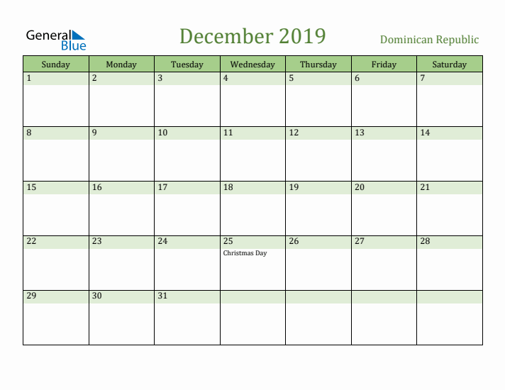 December 2019 Calendar with Dominican Republic Holidays