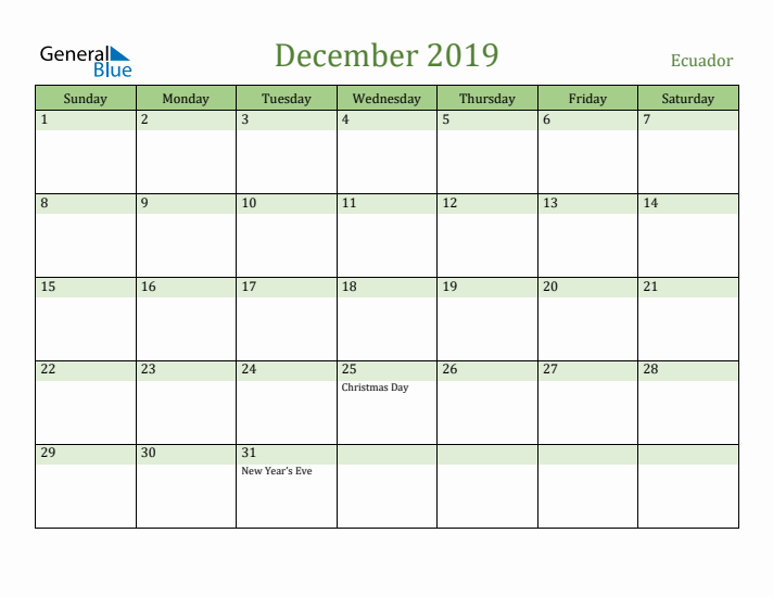 December 2019 Calendar with Ecuador Holidays