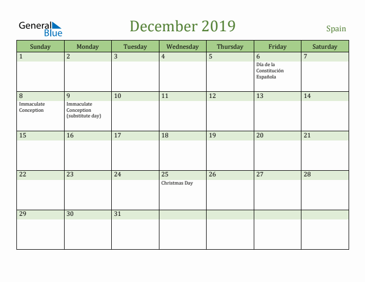 December 2019 Calendar with Spain Holidays