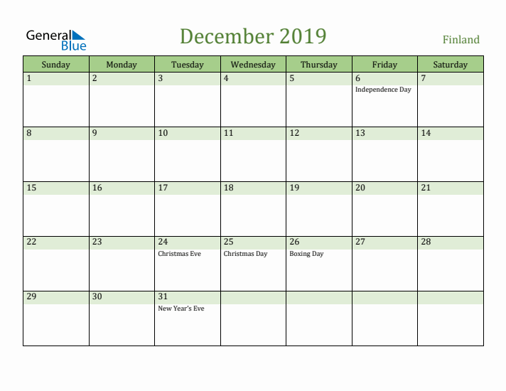 December 2019 Calendar with Finland Holidays