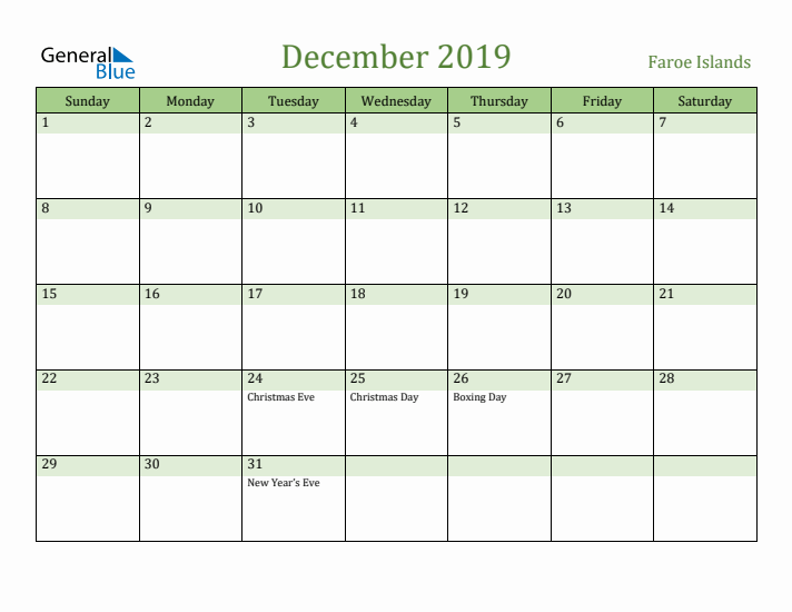 December 2019 Calendar with Faroe Islands Holidays