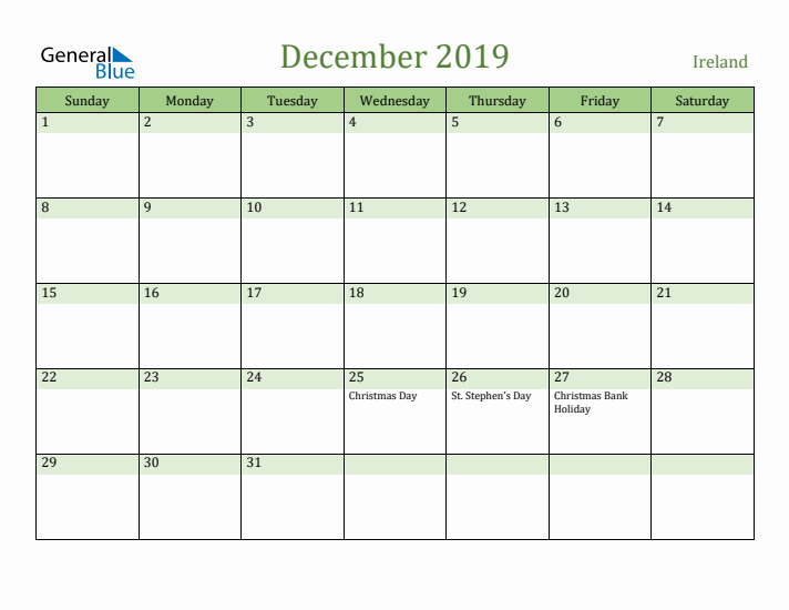 December 2019 Calendar with Ireland Holidays