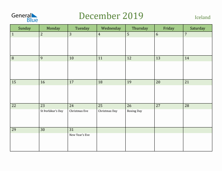 December 2019 Calendar with Iceland Holidays