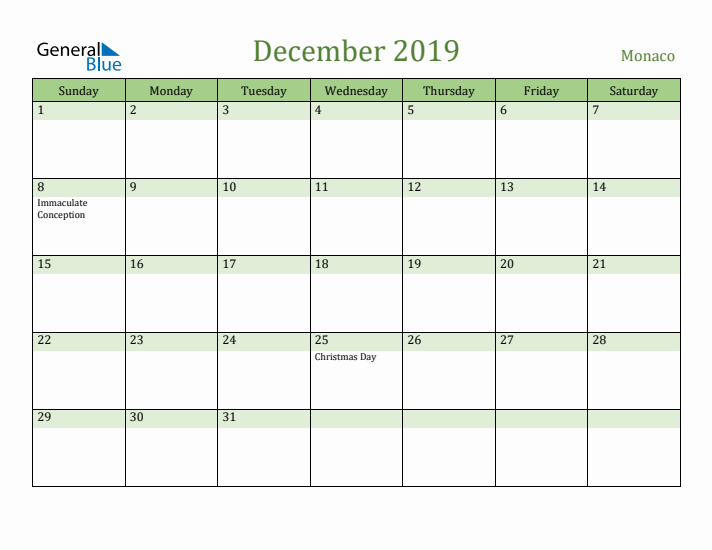 December 2019 Calendar with Monaco Holidays