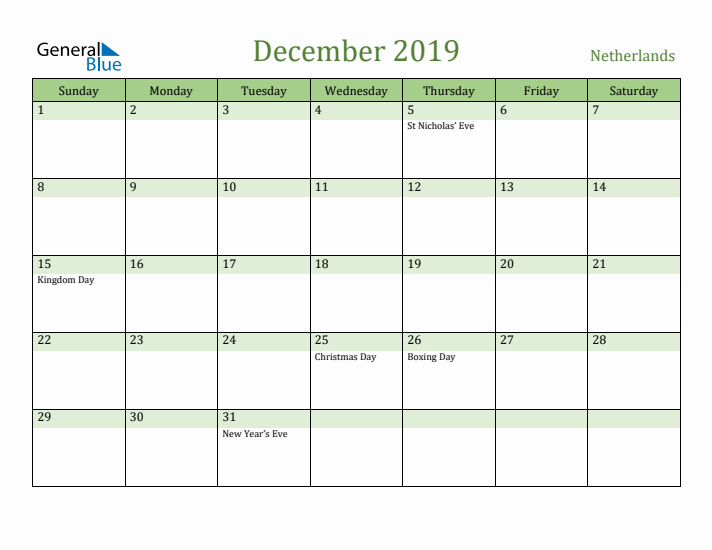 December 2019 Calendar with The Netherlands Holidays