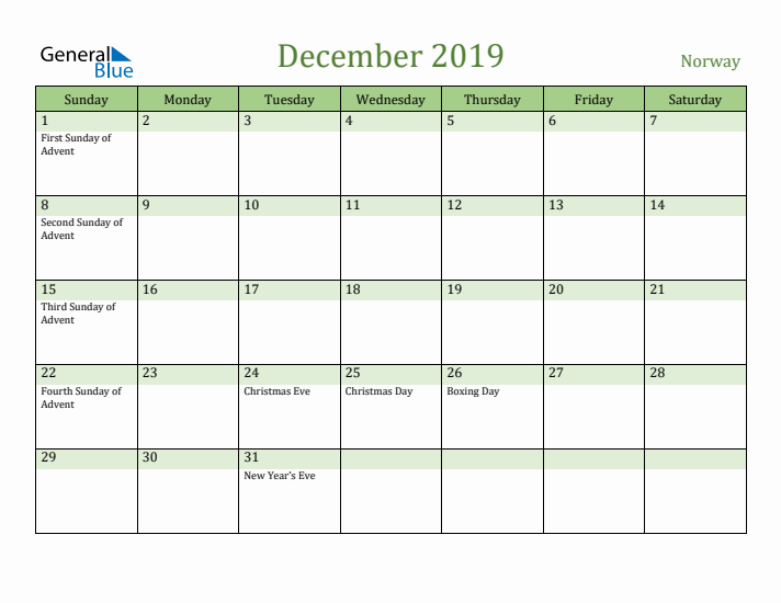 December 2019 Calendar with Norway Holidays