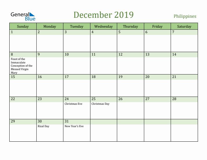 December 2019 Calendar with Philippines Holidays