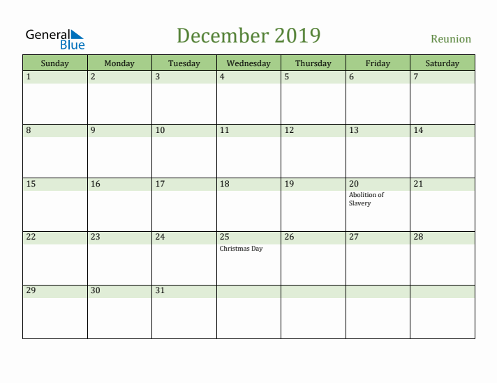 December 2019 Calendar with Reunion Holidays