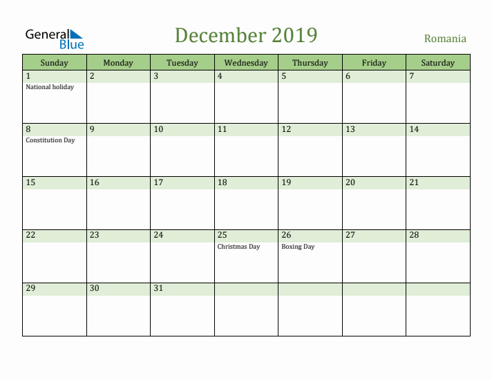 December 2019 Calendar with Romania Holidays