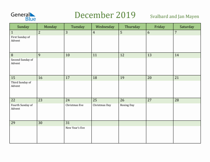 December 2019 Calendar with Svalbard and Jan Mayen Holidays