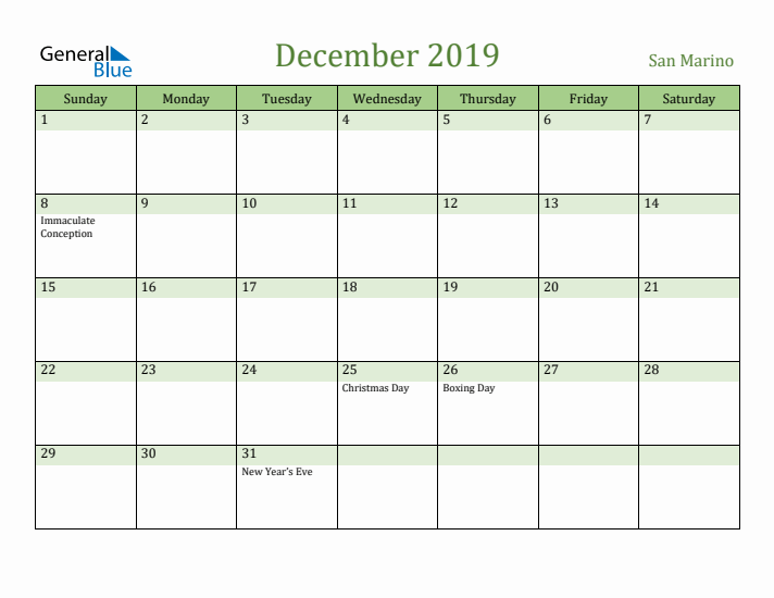 December 2019 Calendar with San Marino Holidays