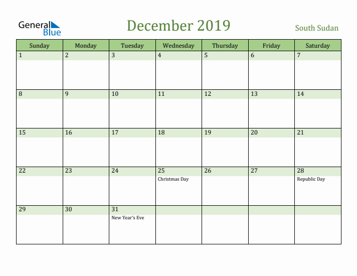 December 2019 Calendar with South Sudan Holidays