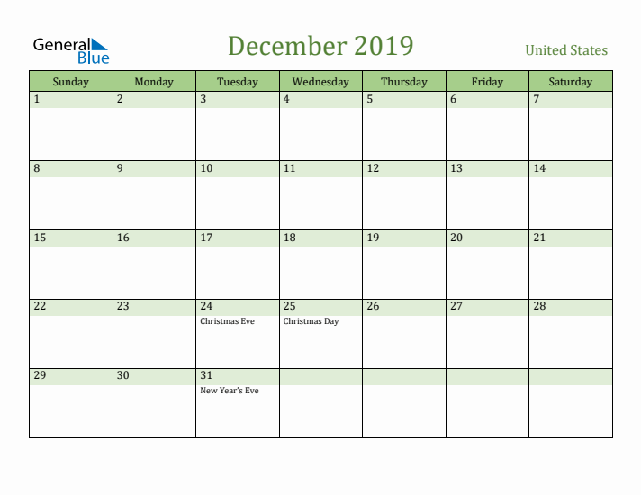 December 2019 Calendar with United States Holidays