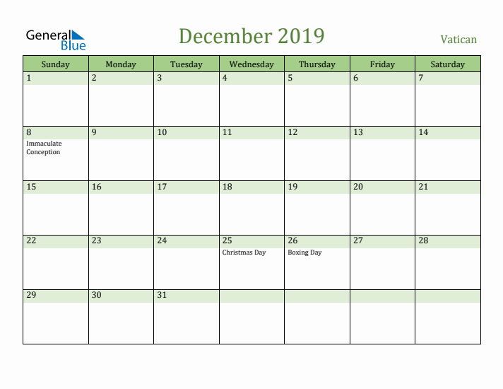 December 2019 Calendar with Vatican Holidays