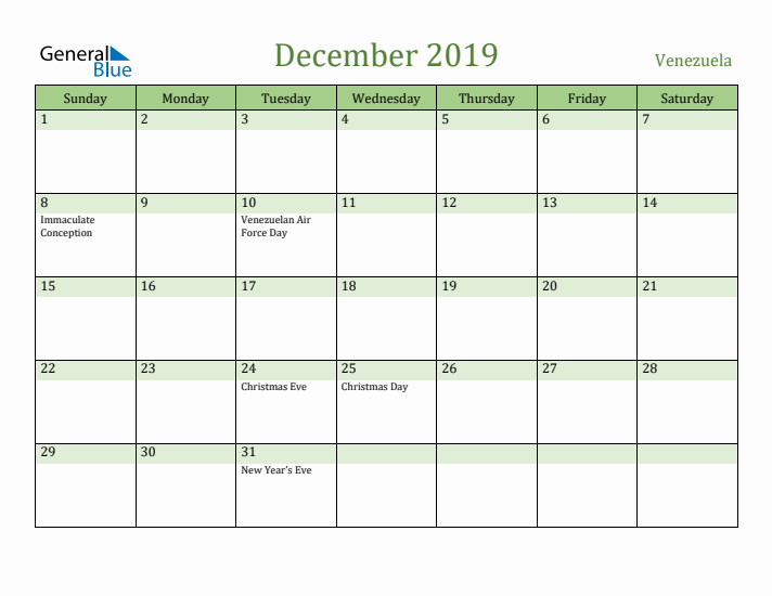 December 2019 Calendar with Venezuela Holidays